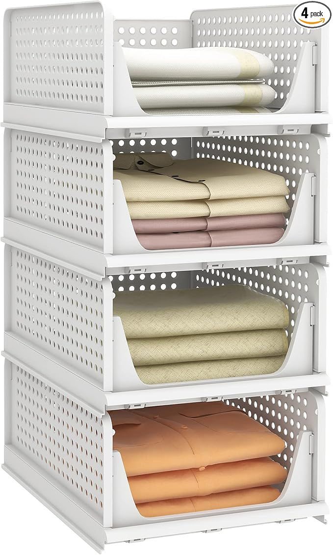 Pinkpum Stackable Plastic Storage Basket-Foldable Closet Organizers and Storage Bins 4 Pack-Drawe... | Amazon (US)