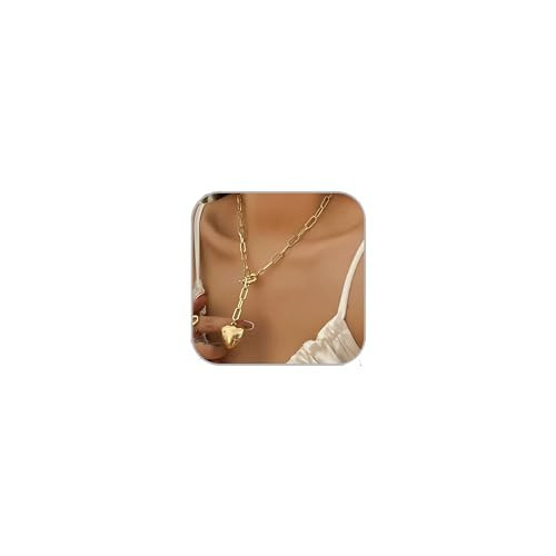 LKingel Link Chain Gold Chunky Heart Necklace for Women Puffy Heart Necklace Y Shaped Necklace 14K Gold Plated Pendant Necklace Fashion Chunky Heart Necklace Jewelry (Gold) | Amazon (US)