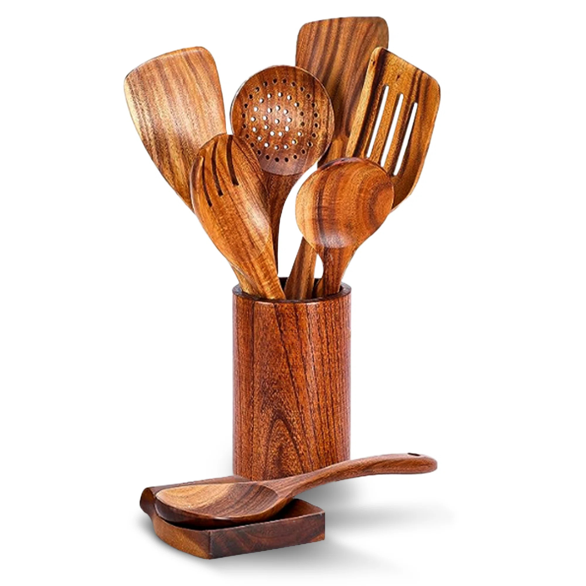 9 Piece Wooden Kitchen Utensils Set with Holder and Spoon Rest | Wayfair North America