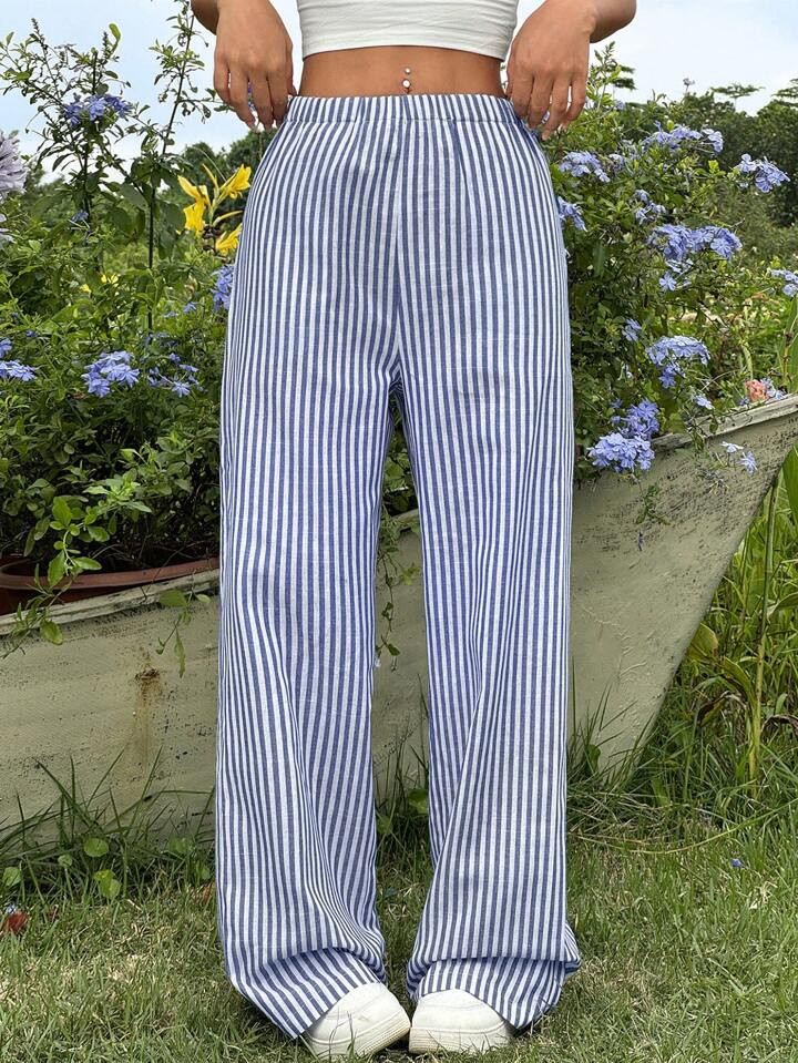 TrendsSHEIN EZwear Summer Vacation & Home Casual Blue & White Wide Striped Loose Straight Wide-Le... | SHEIN