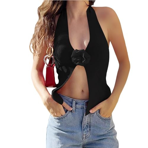 Women's 3D Flower Sexy Plunging Halter Crop Top Y2k Slit Hem Backless Camis Tank Tops Party Concert Tops | Amazon (US)