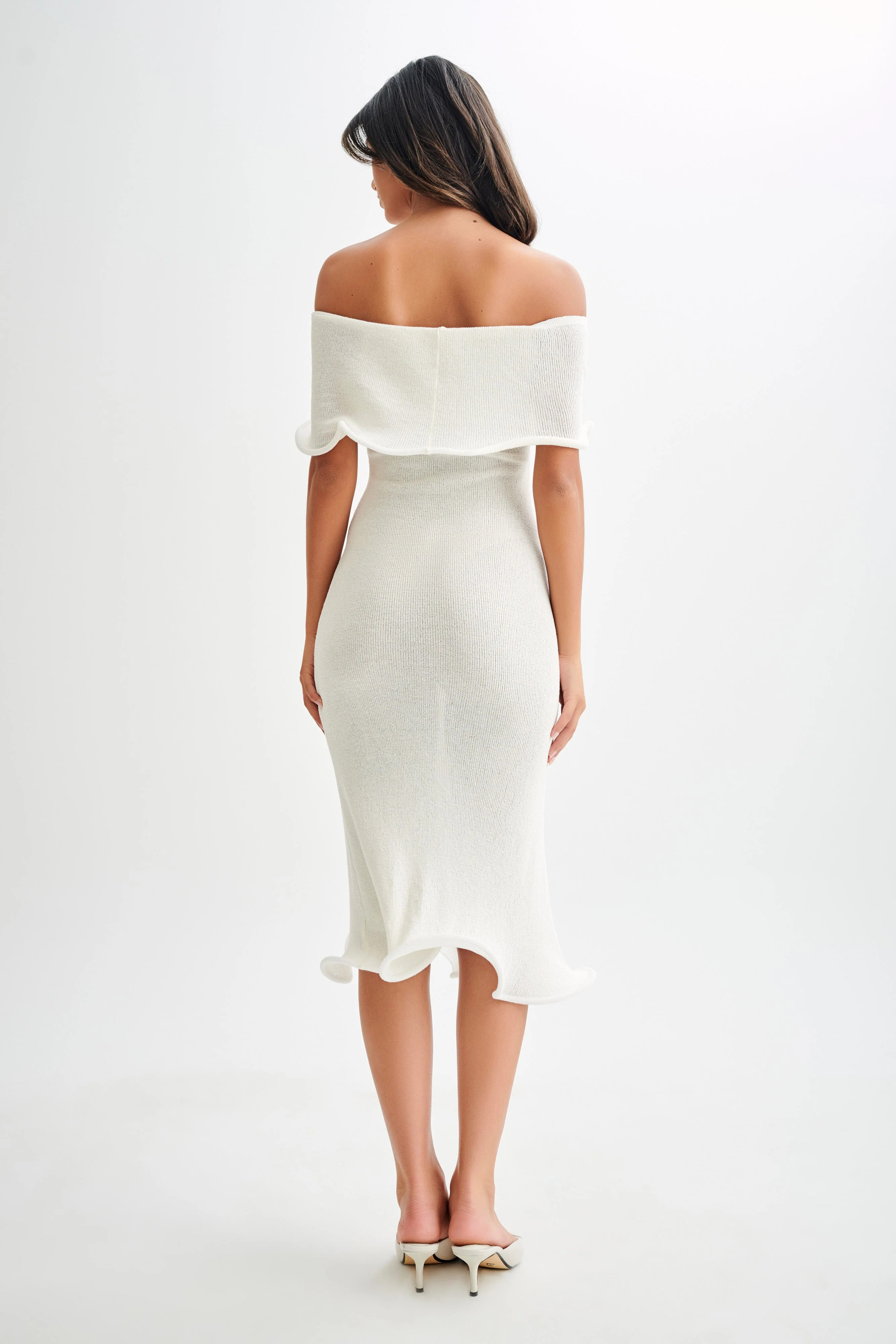 Molly Off Shoulder Knit Midi Dress - Ivory | MESHKI US