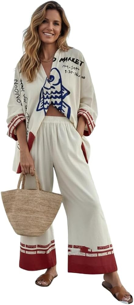Women's Beach Vacation 2 Piece Outfits Long Sleeve Button Shirt Elastic Waist Wide Leg Pants Casu... | Amazon (US)