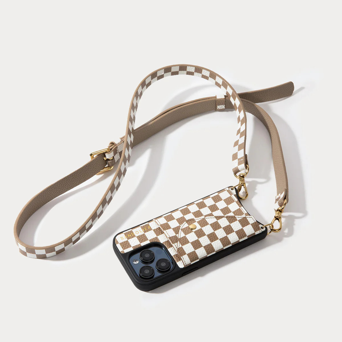 Hailey Side Slot Leather Crossbody Bandolier - Taupe Checker/Gold | Bandolier
