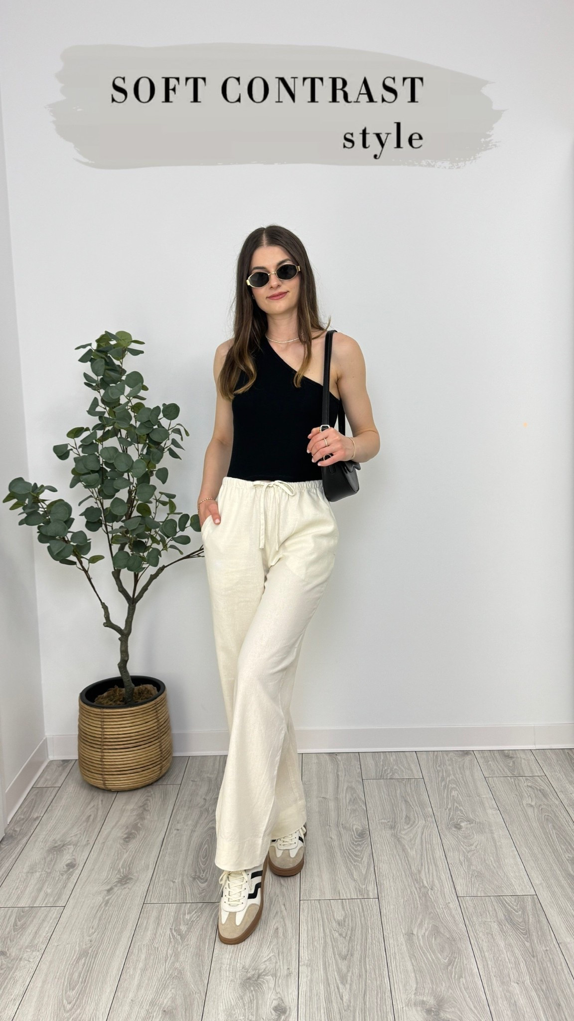 One-shoulder black top, cream linen trousers, matching cream sneakers, a black purse and sunglasses—clean lines, high contrast 🌼 #IlaStylesDiary 

#LTKbeauty #LTKover50style #LTKsummer