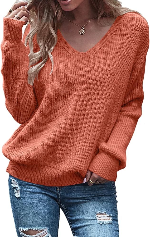 Eurivicy Women's Long Sleeve V Neck Pullover Tops Oversized Chunky Knitted Loose Jumper Sweaters | Amazon (US)