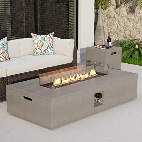 COSIEST 2-Piece Outdoor Propane Fire Table Set, Rectangle Concrete 56" x 28" Gray Fire Pit (Certified, 50,000 BTU) w 20lb Tank Table, Wind Guard, Waterproof Cover for Garden, Porch, Backyard | Amazon (US)