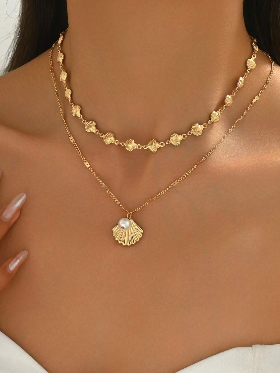 2pcs/Set Summer Beach Ocean Shell Gold Necklace, Fashion Fashionable Shell & Faux Pearl Pendant J... | SHEIN