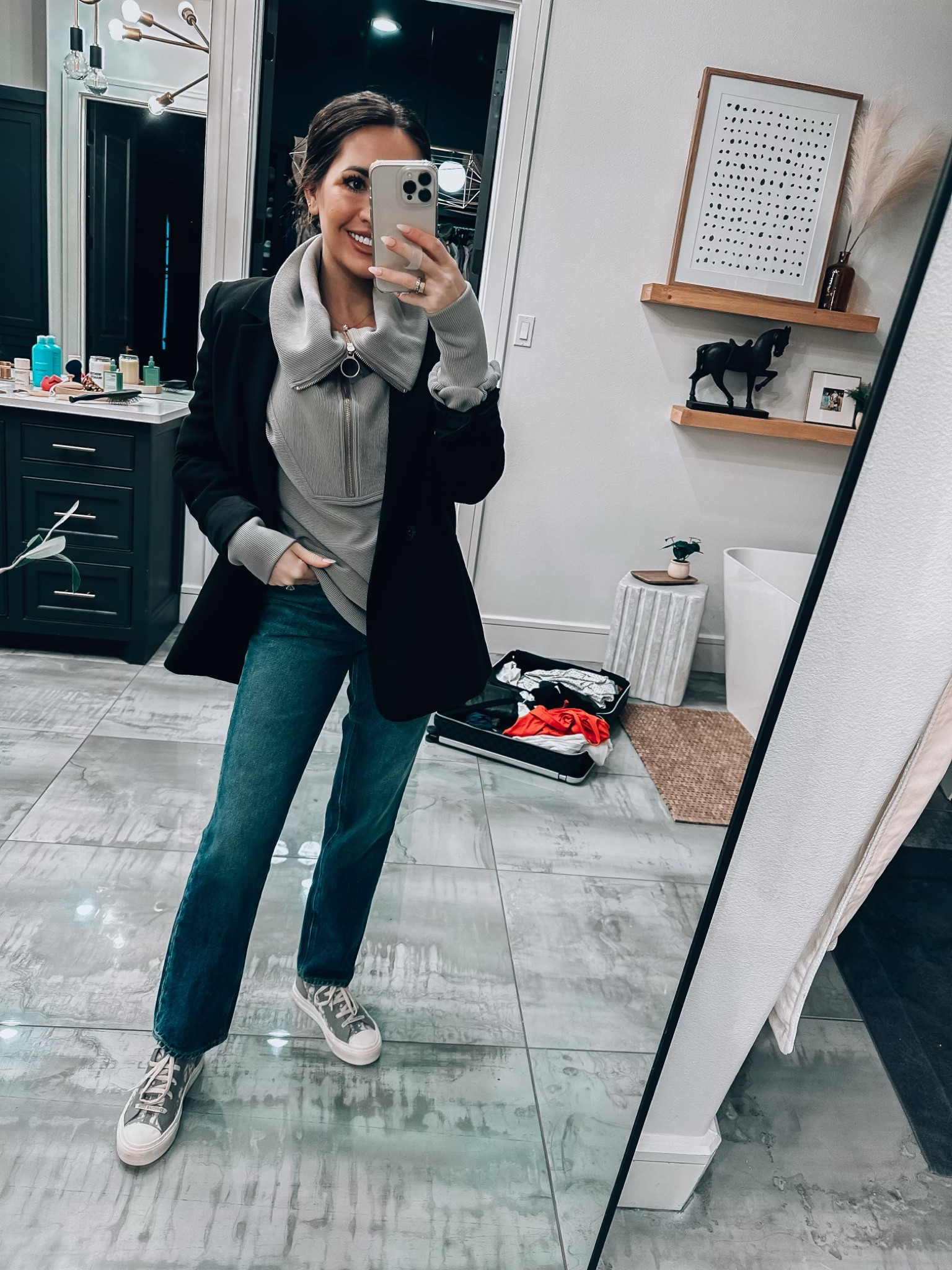 Denim jeans outfit - denim jean ootd - outfit of the day - half zip - winter look - designer faves - casual blazer look

#LTKSeasonal #LTKsalealert #LTKstyletip