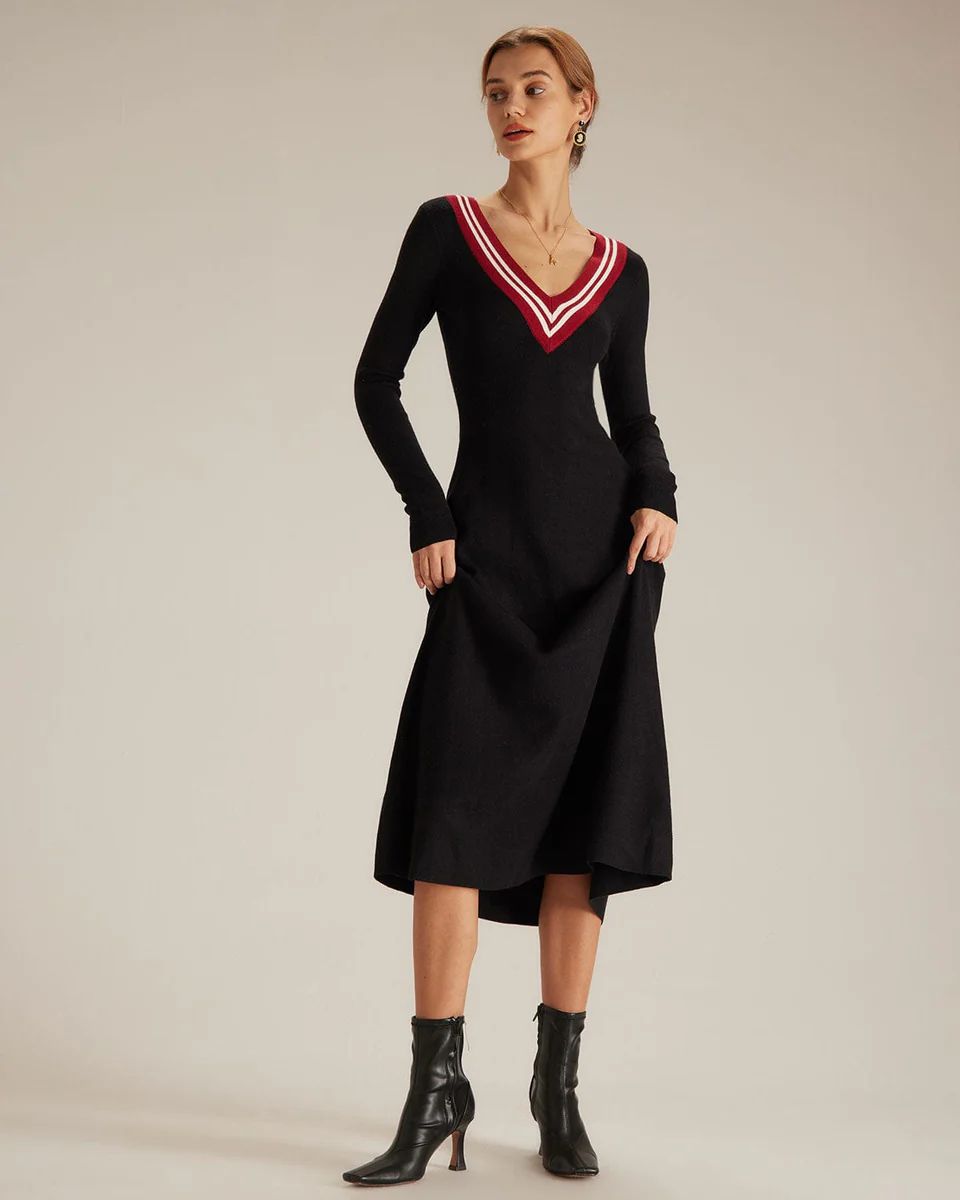 The Black V Neck Contrast Sweater Midi Dress & Reviews - Black - Dresses | RIHOAS | rihoas.com