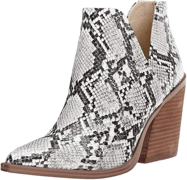 Womens Pointed Toe Stacked Mid Heel Ankle Boots V Cut Back Zipper Faux Leather Booties | Amazon (US)