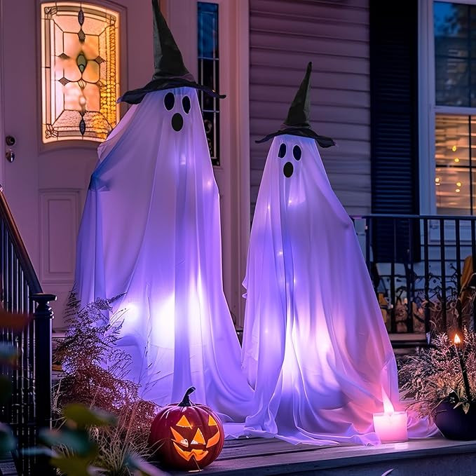 Hourleey 2 Pack Standing Lighted up Ghosts Halloween Decorations, Pose-able Halloween Ghost Decor... | Amazon (US)