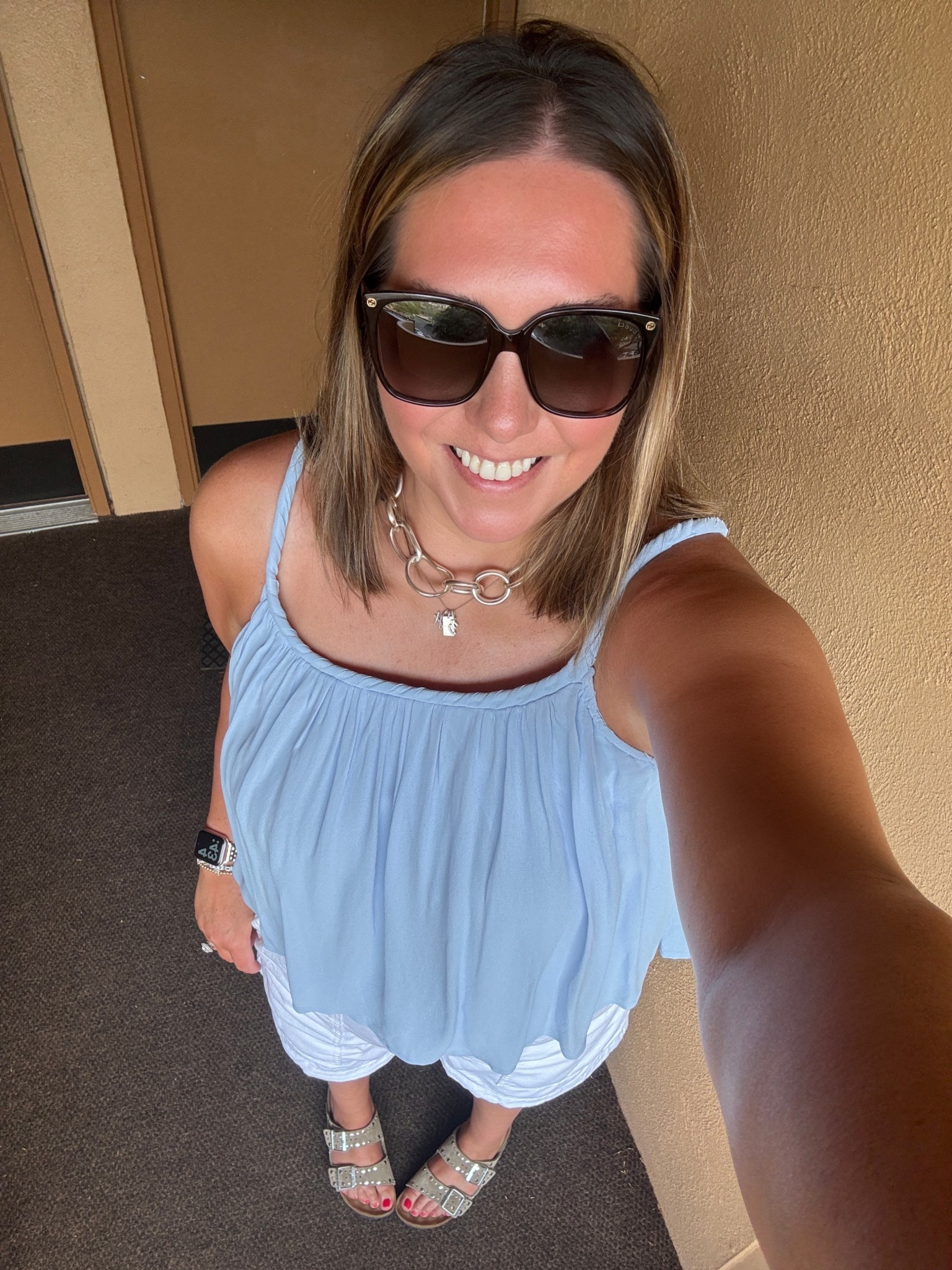 Headed up to the Andaz for a Mai Tai and a change of scenery. We did some walking around Wailea so comfortable she’s were a must. I love the strap details and color of this top. I cannot get enough of French Blue right now. It was perfect for a night in Maui  