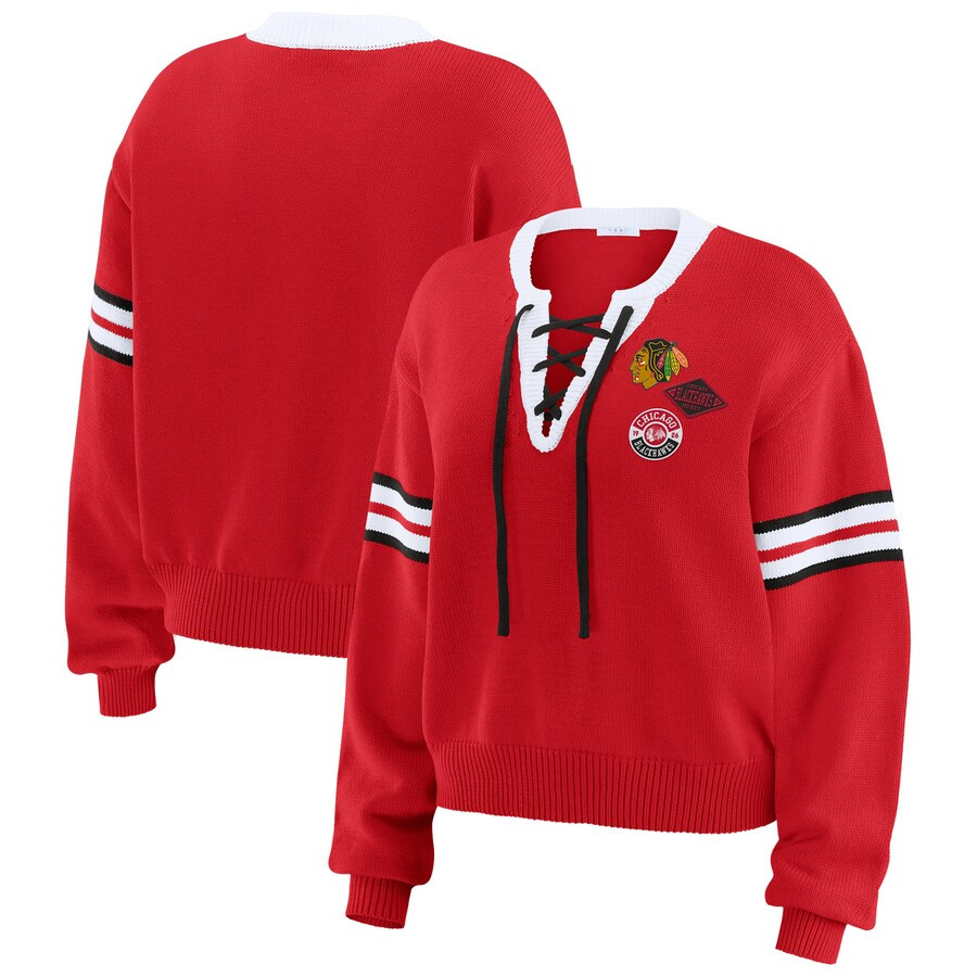Chicago Blackhawks WEAR by Erin Andrews Women's Cropped Lace-Up Sweater - Red | Fanatics