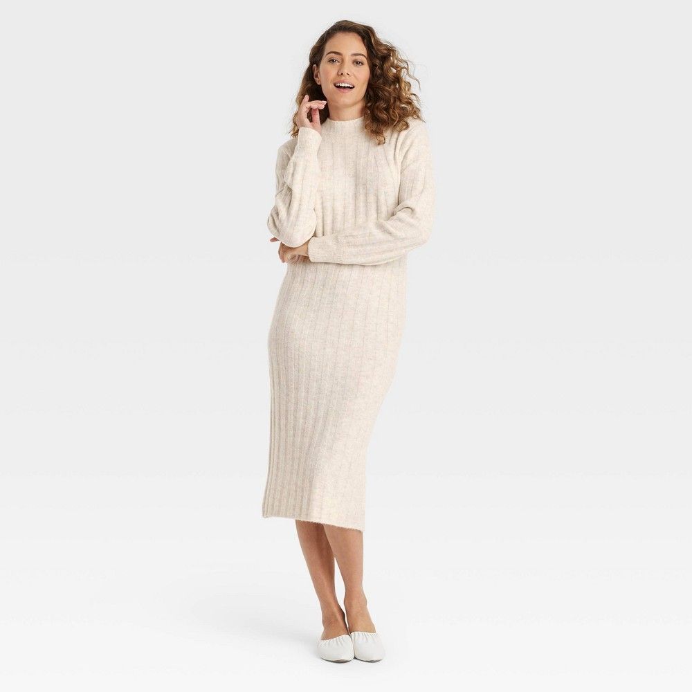 Women's Long Sleeve Rib-Knit Sweater Dress - A New Day Cream XL, Ivory | Target