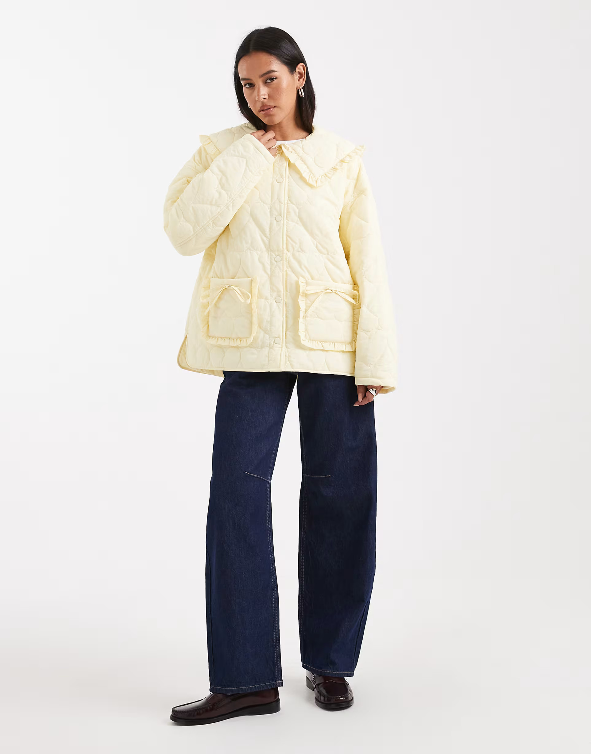Miss Selfridge quilted liner jacket with collar in buttermilk | ASOS (Global)