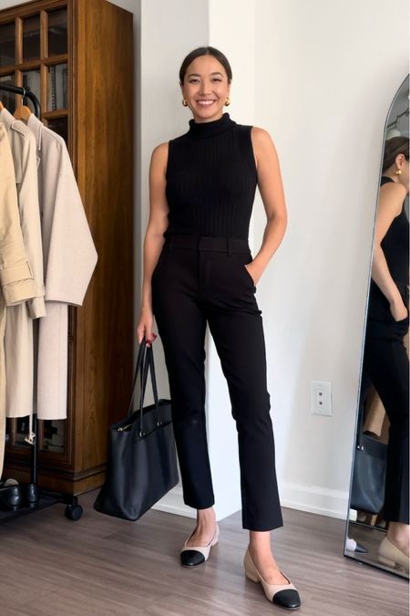Fall workwear styling Nordstrom pieces 

Sleeveless Mockneck 
Comfy trousers - wearing 00 regular, these are more like legging work pants designed to look like classic workwear pants! 
Black leather tote
Ballet flats    

#LTKworkwear #LTKSeasonal #LTKstyletip