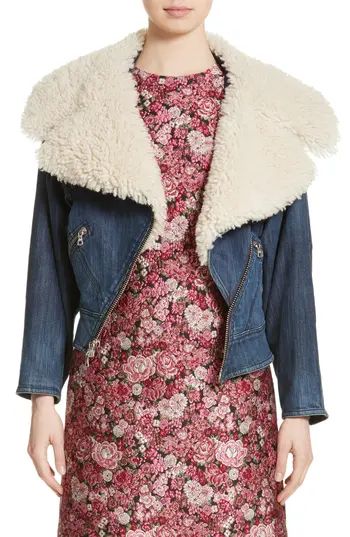 Women's Adam Lippes Stretch Denim Moto Jacket With Removable Genuine Lamb Fur Collar | Nordstrom