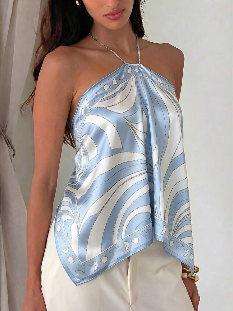 Aloruh Damen elegantes Batik-Chiffon bedrucktes Neckholder Strandshirt f\u00fcr den Urlaub | SHEIN