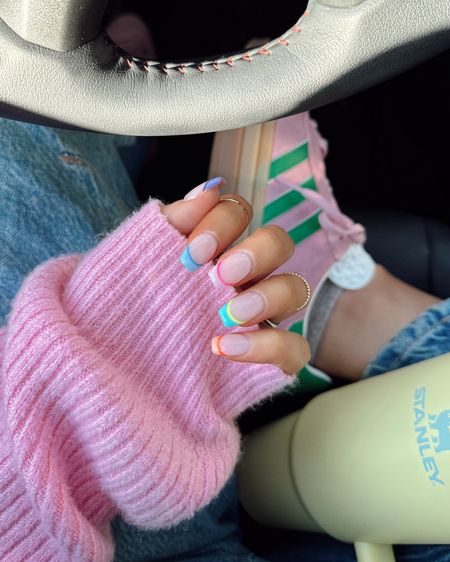 New nails 😍😍 linking my overalls, similar pink option for sweater, shoes and new Stanley! This yellow color is sooo pretty!!  Love it 💛💛

Pink and green adidas, adidas gazelle, yellow Stanley, 30oz Stanley, new in, colorful manicure, mani goals, free people overall, pink obsessed 

#LTKbeauty #LTKfindsunder100 #LTKSeasonal