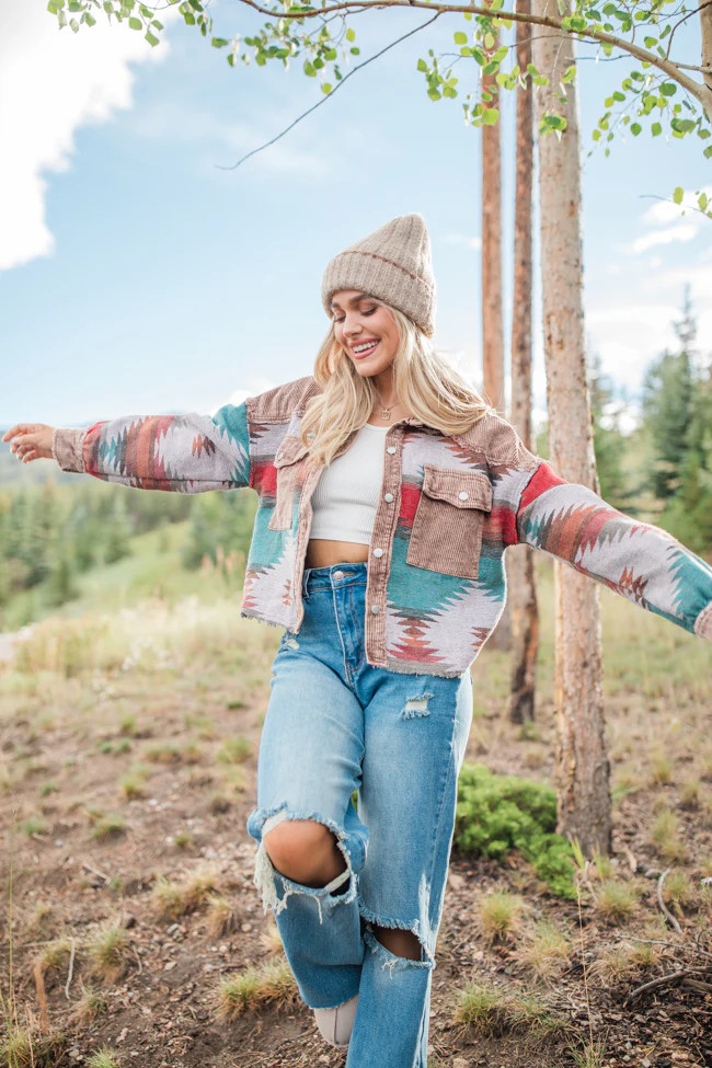 Small Town Stroll Brown Acid Wash Southwestern Print Jacket | Pink Lily
