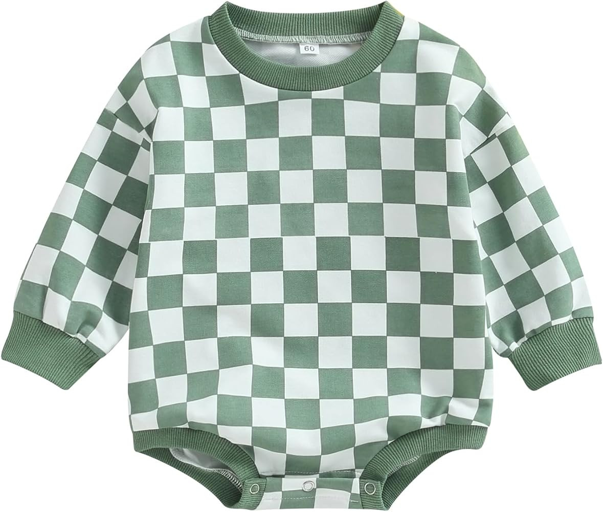 Karuedoo Baby Boy Girl Checkered Sweatshirt Romper Oversized Long Sleeve Bubble Romper Top Neutra... | Amazon (US)