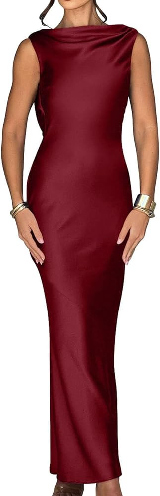Memoriesea Women's Elegant Sleeveless High Neck Tie Cocktail Wedding Party Maxi Dress | Amazon (US)