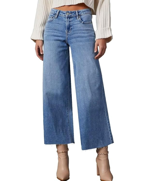 Allimy Women's High Waisted Straight Ankle Wide Leg Ripped Jeans Frayed Hem Stretchy Capri Denim ... | Amazon (US)