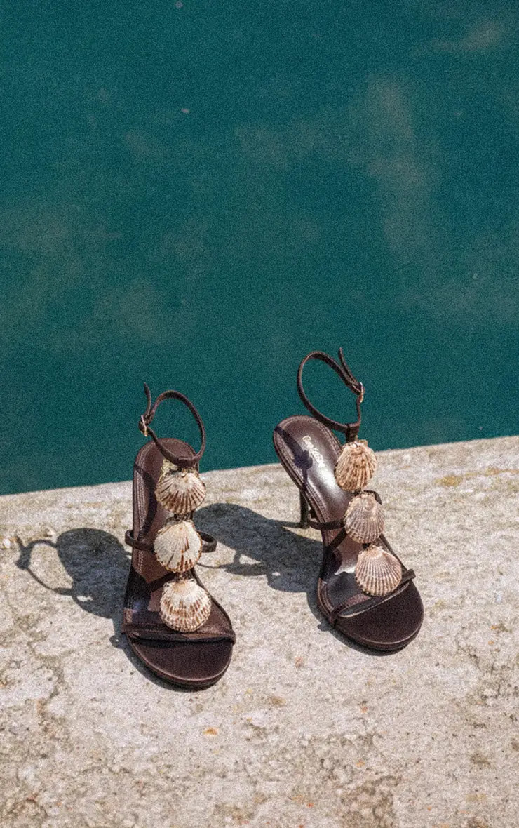 Chocolate Satin Shell Trim Caged Heeled Sandals | PrettyLittleThing UK