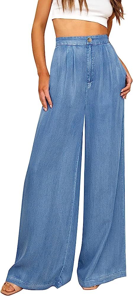 GRAPENT 2023 Wide Leg Pants for Women High Waisted Jeans Palazzo Pants Lightweight Summer Beach F... | Amazon (US)