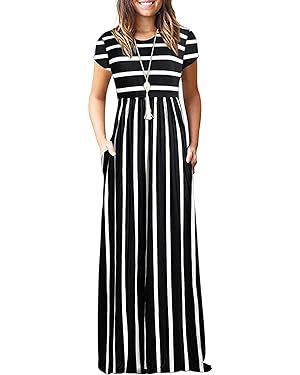 AUSELILY Women Short Sleeve Loose Plain Casual Long Maxi Dresses with Pockets | Amazon (US)