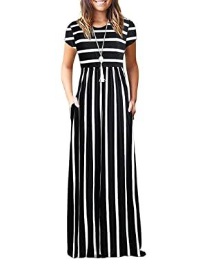 AUSELILY Women Short Sleeve Loose Plain Casual Long Maxi Dresses with Pockets | Amazon (US)