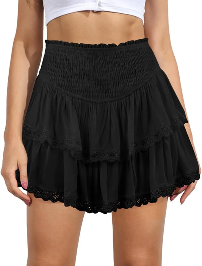 Women's Cute High Waist Ruffle Mini Skirt Layered Ruffle Hem Flared Flowy Casual Swing Beach Mini... | Amazon (US)
