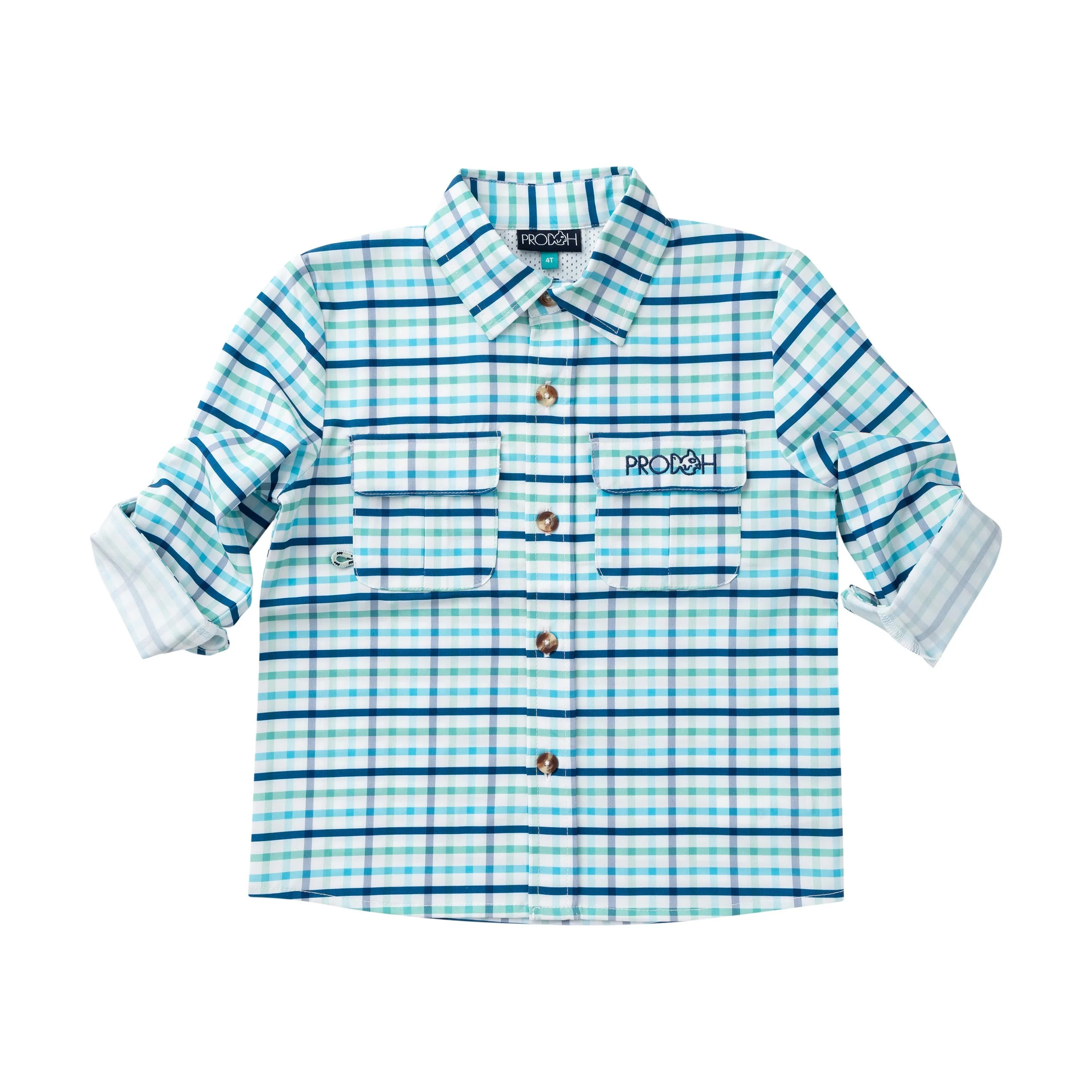 Boys' Long Sleeve Founders Kids Fishing Shirt Marine Green Pawleys Island Plaid | PRODOH