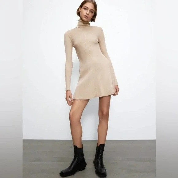 NWT Zara Turtleneck Sweater Knit Mini Dress Tan Taupe Camel Size Medium $39.90 | Poshmark
