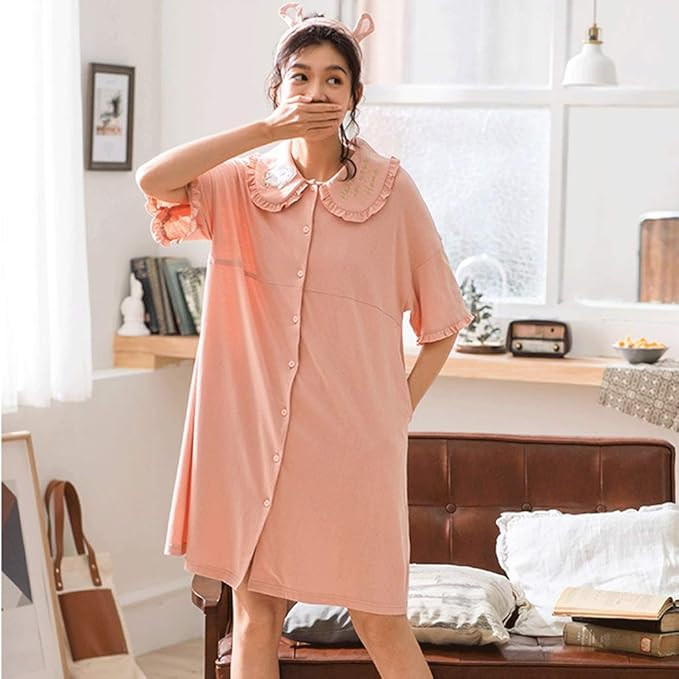 Women's Loose Short-Sleeved Pajamas Pink Princess Nightdress Cute Doll Collar Cotton Cardigan Hom... | Amazon (UK)