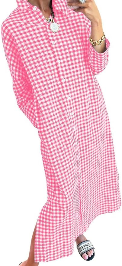 chouyatou Women's Casual Loose Button Down Plaid Shirt Dress Long Sleeve Side Slit Cotton Gingham... | Amazon (US)