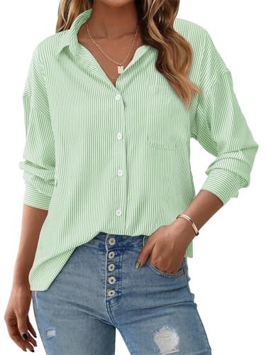PRETTYGARDEN Womens Button Down Shirts Striped Loose Long Sleeve Collared Office Work Blouses Tops with Pocket(Light Green Striped,S) | Amazon (US)