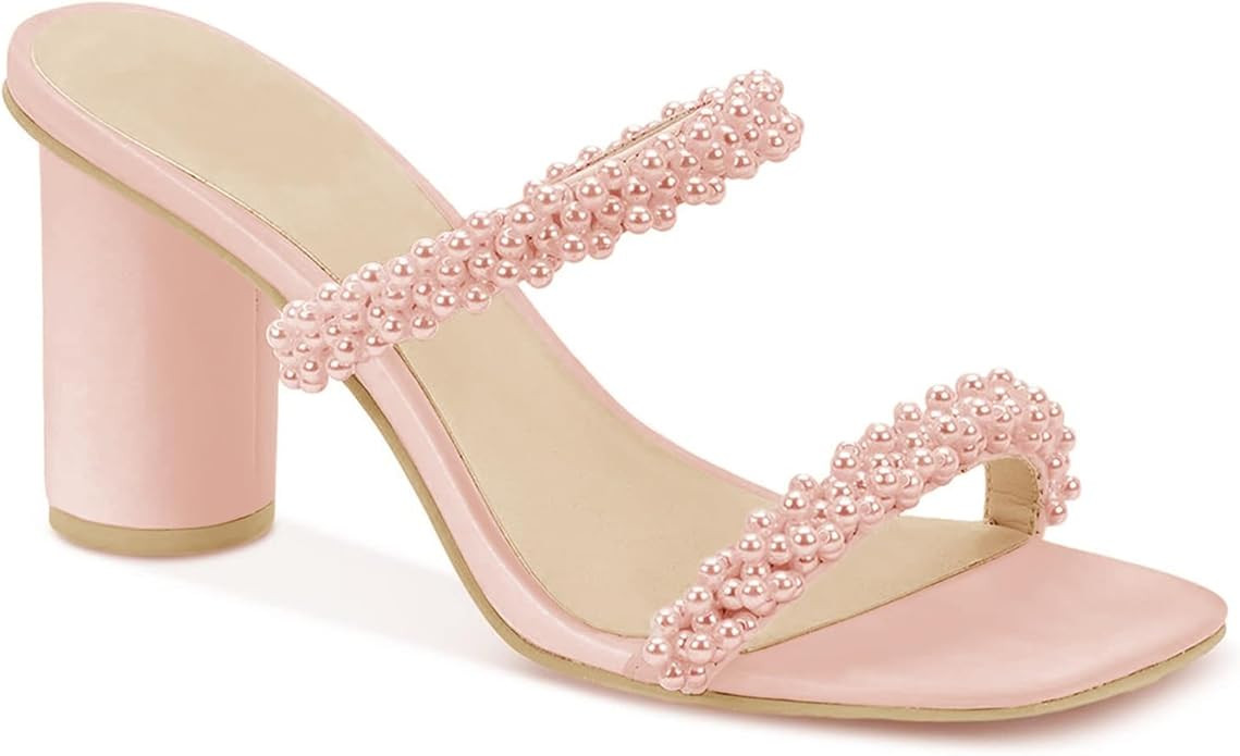 Womens Chunky Heeled Sandals Pearl Strappy Open Square Toe Slip-on Block Heels Backless Mules Sho... | Amazon (US)