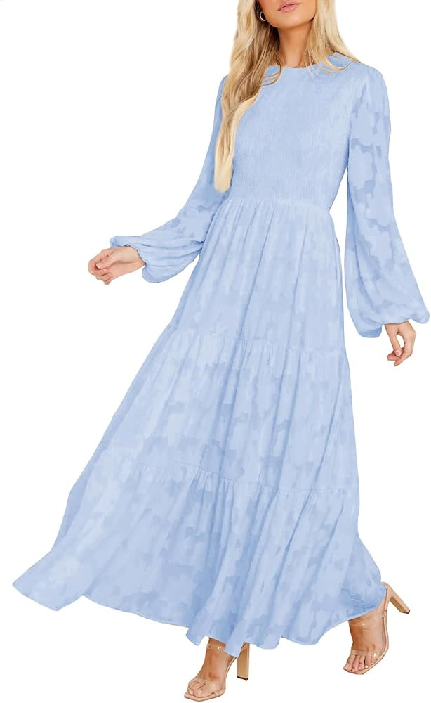 MITILLY Women's Elegant Floral Long Sleeve Round Neck Smocked A-Line Flowy Tiered Maxi Dress with... | Amazon (US)