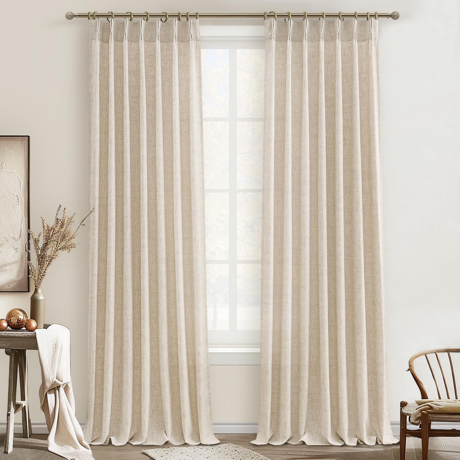 PleatedDrapes 96 Inch Curtains 2 Panel Set, Modern Linen Pleat Back Tab Dining Room Window Curtains Light Filtering Aesthetic Semi Sheer Living Room Drapes with Hooks Ring Cream Oatmeal W40 x L96 | Amazon (US)