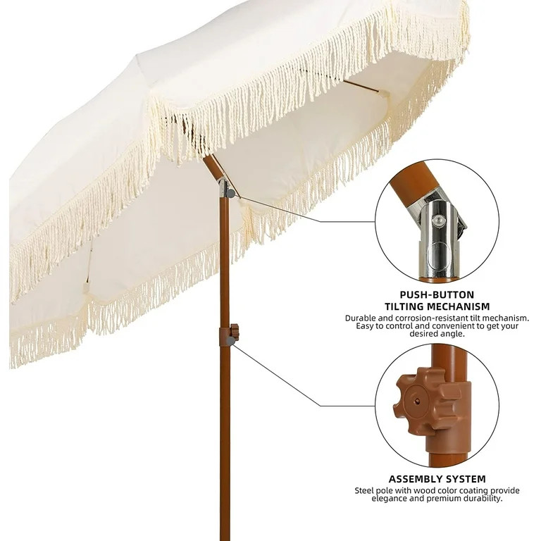 AMMSUN 7ft Patio Umbrella with Fringe Outdoor Tassel Umbrella UPF50+ Tilt Boho Umbrella,White Cre... | Walmart (US)