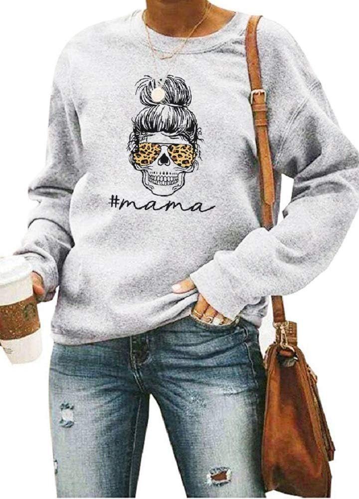 Mama Shirts Women Funny Mom Sweatshirt Leopard Skull Graphic Tee Casual Long Sleeve Pullover Tops | Amazon (US)