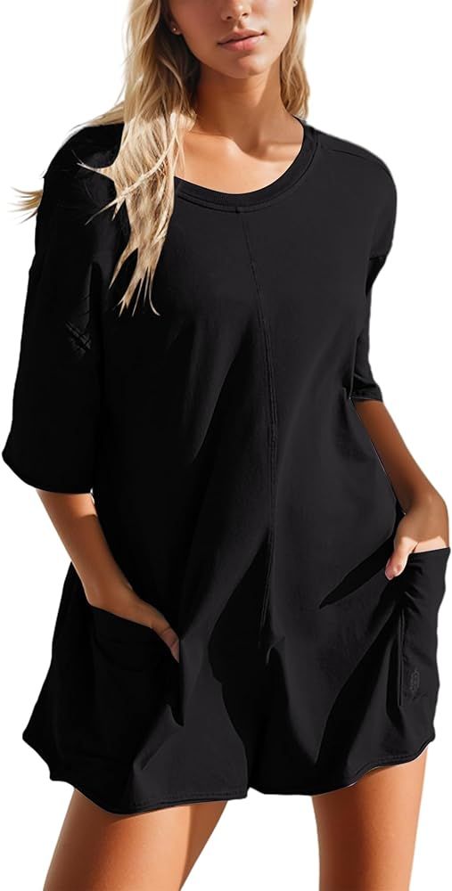 Women Tee Dress Built In Short Oversized Casual Backless Hot Shot Onesie Pajamas Romper Loose Sum... | Amazon (US)