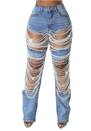 Geulis Womens Sexy Ripped Jeans High Waisted Rhinestones Pearl Chains Distressed Baggy Jeans Part... | Amazon (US)