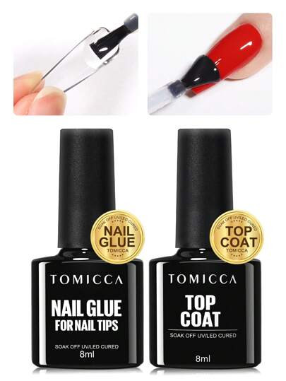 TOMICCA 2 pezzi Set di colla per unghie trasparente da 8ml e top coat, richiede l'uso di luce UV,... | SHEIN