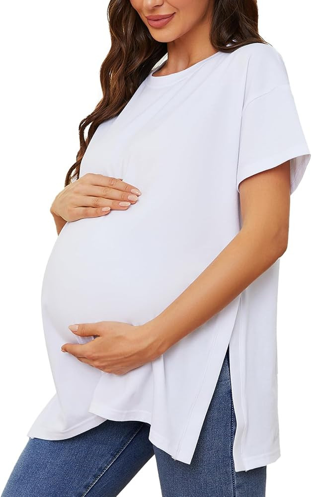 Liu & Qu Womens Maternity Shirts Short Sleeve Split Side Casual Pregnancy Clothes Loose Crewneck ... | Amazon (US)