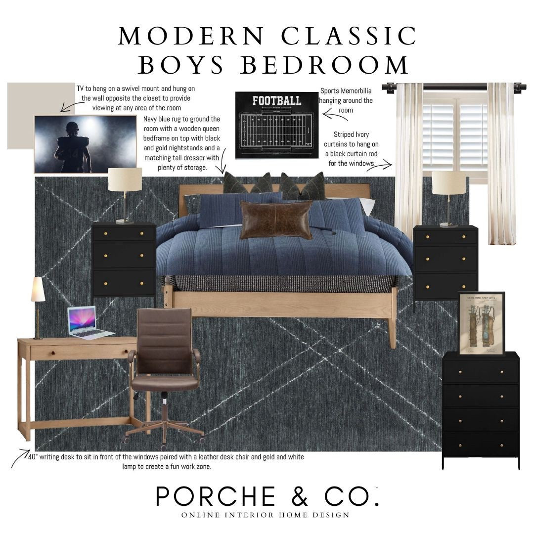 Modern classic with a sporty twist 🏈⚡️ This boys’ bedroom layers deep navy and neutral tones for a moody, grounded feel—perfect for a growing guy’s space. Subtle sports accents keep it fun without overwhelming the clean, timeless style. Shop his look below! #LTKhome #BoysRoomDesign #ModernClassicStyle #porcheandco

#LTKStyleTip #LTKHome