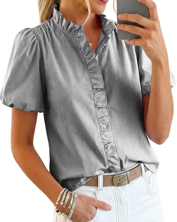 peasssa Womens Short Puff Sleeve Button Down Shirts Striped Ruffle Stand Collar Blouse Business C... | Amazon (US)
