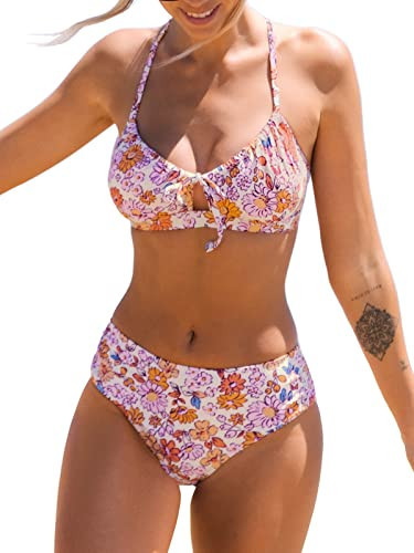 CUPSHE Women Bikini Set Two Piece Swimsuits Mid Waisted Bottom Floral Crisscross Back Tie Scoop Neck Cut Out Shirring Bathing Suits S | Amazon (US)